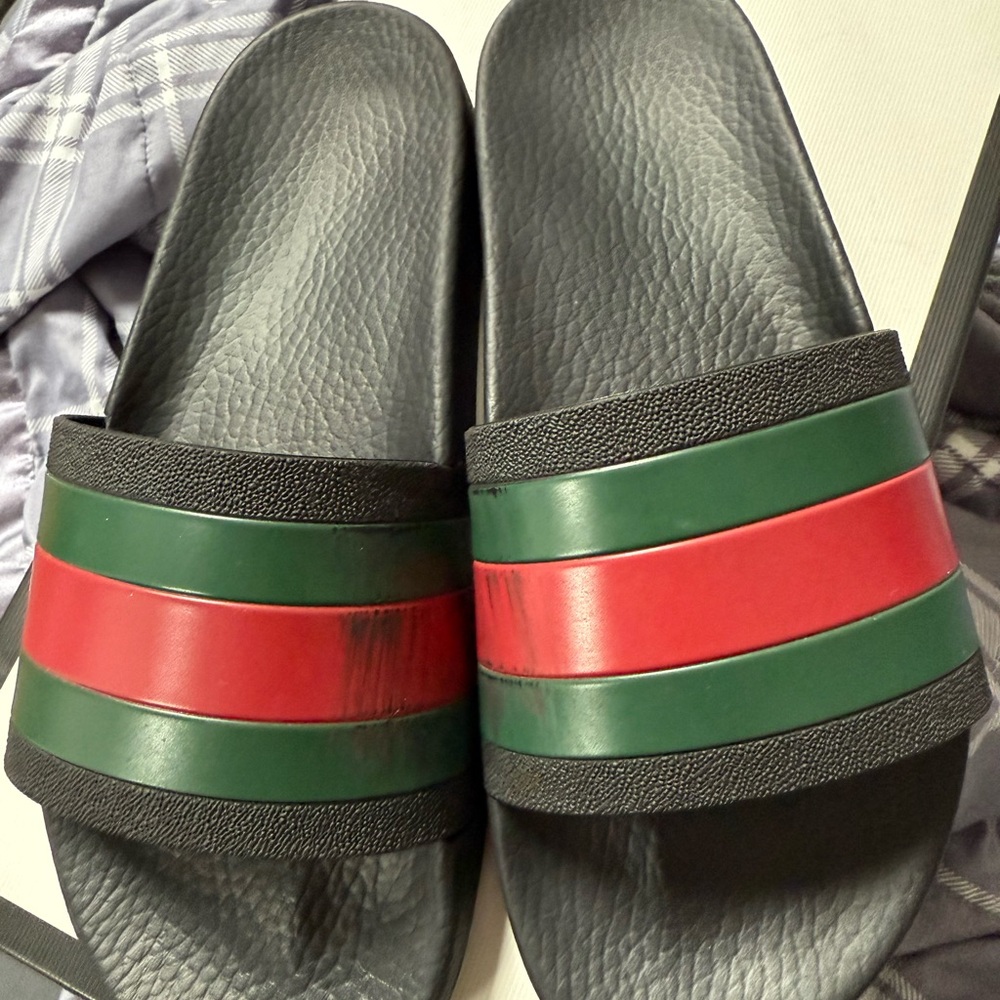Gucci Black Slides with Green and Red Stripes